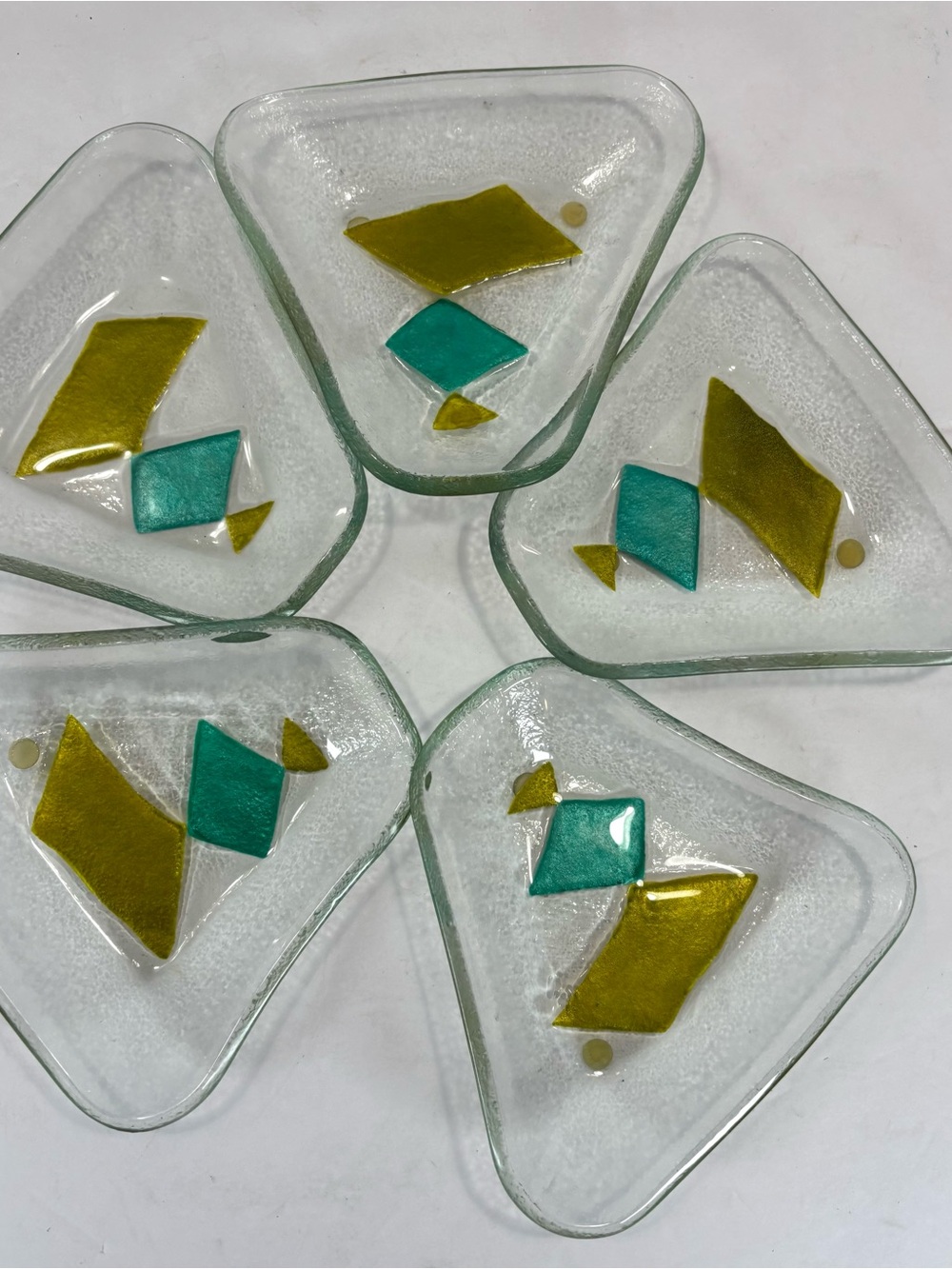 Five Contemporary Fused Art Glass Trinket Snack Trays MCM Colorful Serving Dish